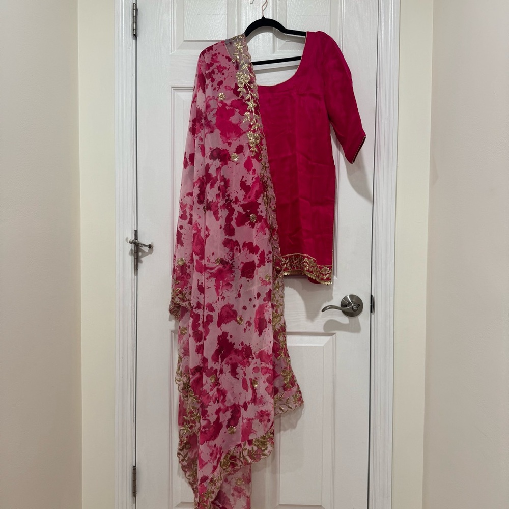 Womens Indian Pakistani Suit Sharara Palazzo Pink Tie Dye Dupatta Size 38